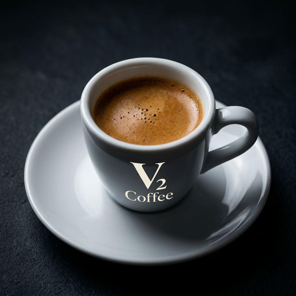 V2 Coffee espresso cup with logo